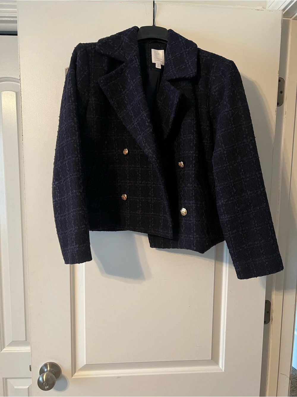 Cropped Double-Breasted Tweed Jacket - Navy